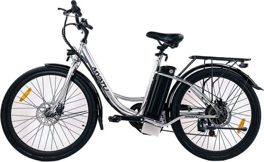 Myatu e-bike 26 inch city pedelec voor dames en heren elektrische fiets met 12 5Ah accu 6 versnellingen Shimano derailleur versnellingen achter motor 250 W-Zilver