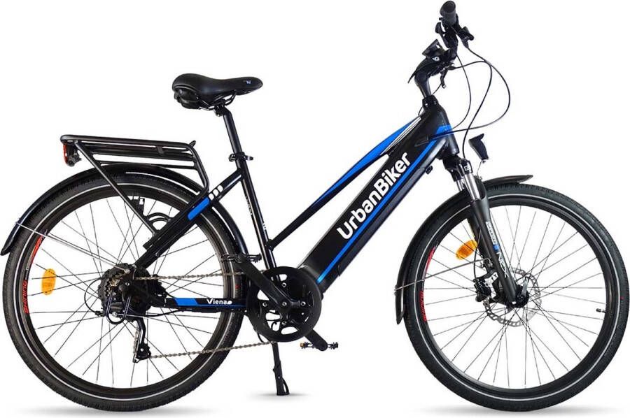 Urbanbiker Viena Elektrische Trekking Fiets Afneembare Lithium Accu 720Wh (48V en 15 Ah) Samsung Cellen 250W Motor Blauw 26 inch 7 Versnellingen Hydraulische Remmen Unisex