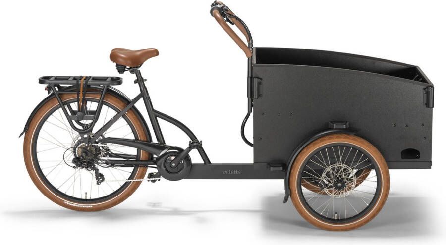 Villette Cargeau elektrische bakfiets met achterwielmotor schijfremmen en huif zwart bruin