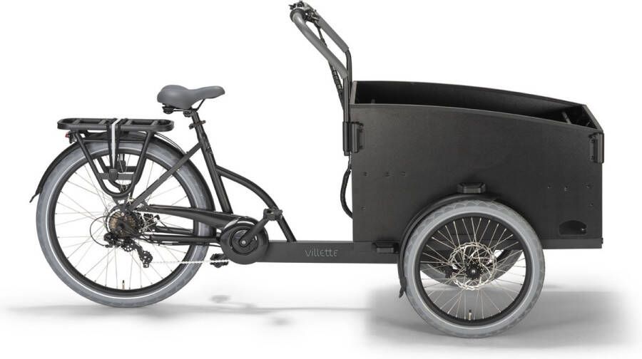 Villette Cargeau elektrische bakfiets met achterwielmotor schijfrem en huif zwart grijs