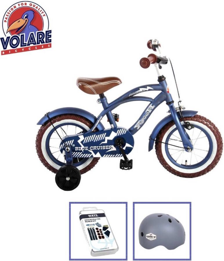 Volare Kinderfiets Blue Cruiser 12 inch Blauw Inclusief fietshelm + accessoires