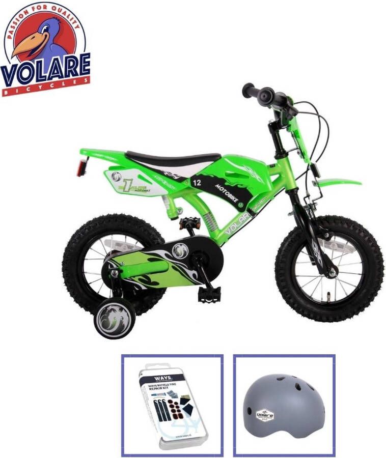 volare Kinderfiets Motorbike 12 inch Groen Twee handremmen Inclusief fietshelm + accessoires