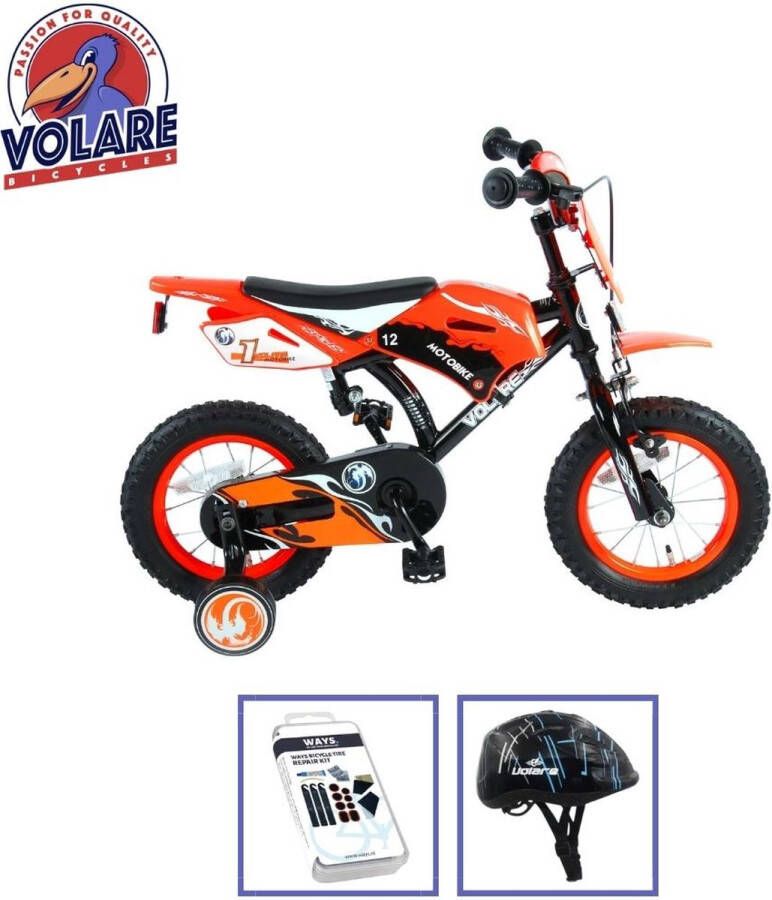 Volare Kinderfiets Motorbike 12 inch Oranje Met fietshelm & accessoires