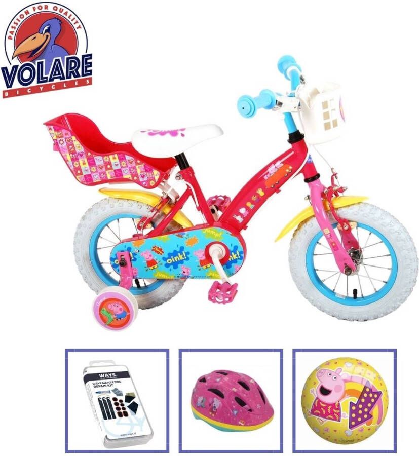 Volare Kinderfiets Peppa Pig 12 inch Roze Twee handrem Met fietshelm en accessoires
