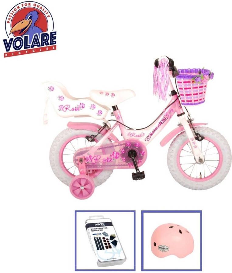 Volare Kinderfiets Rose 12 inch Roze Wit Twee handrem Inclusief fietshelm + accessoires