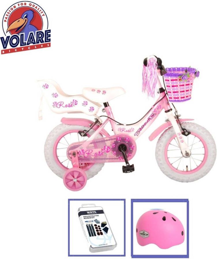 Volare Kinderfiets Rose 12 inch Roze Wit Twee handrem Met fietshelm & accessoires
