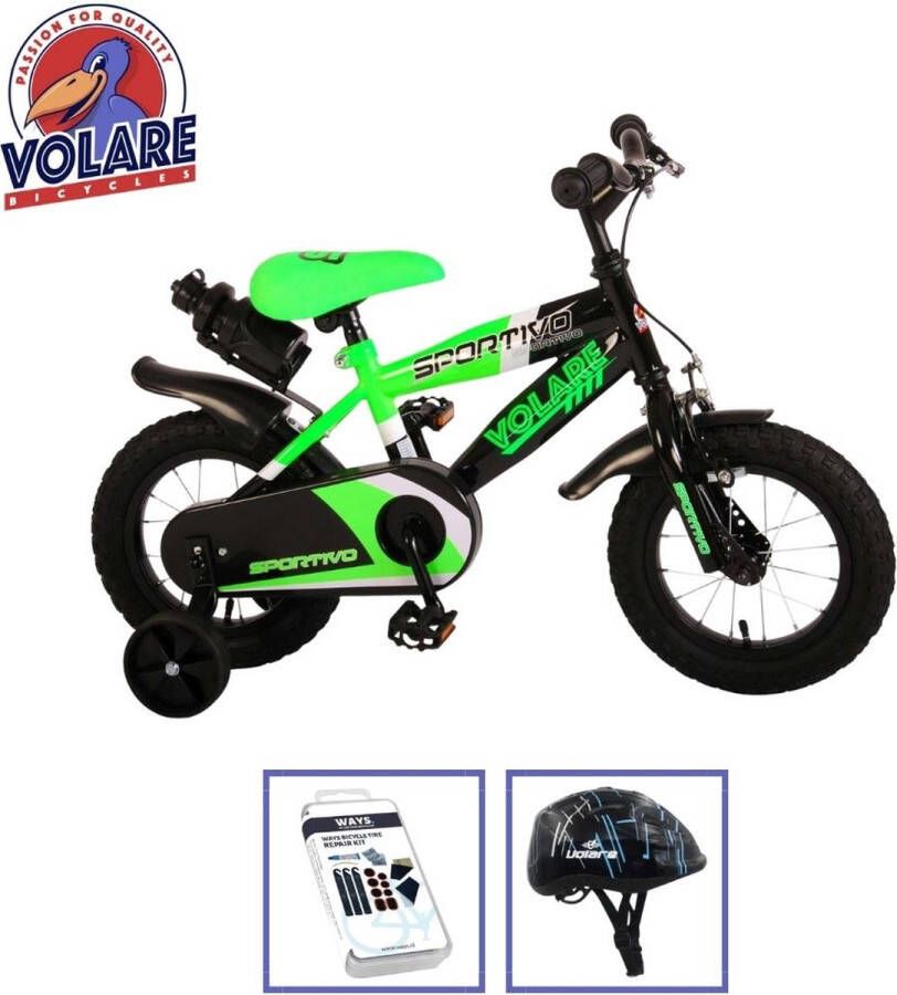 Volare Kinderfiets Sportivo 12 inch Groen Zwart Met fietshelm & accessoires