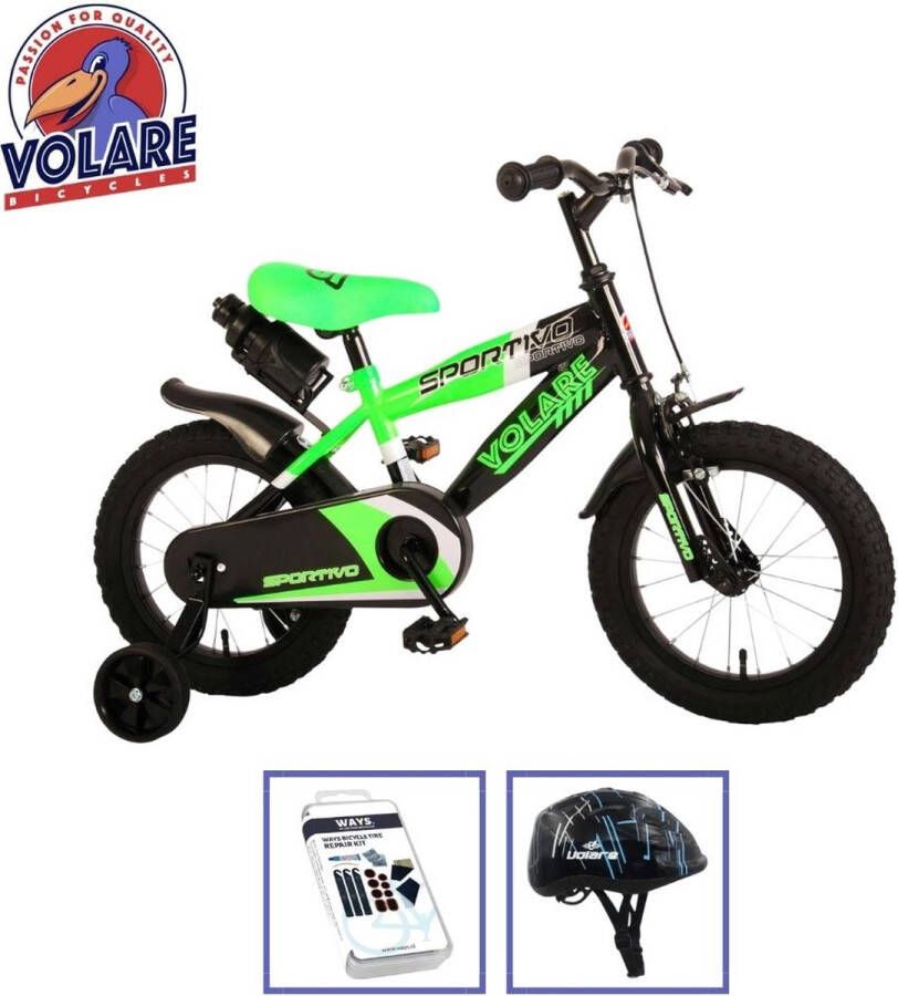 Volare Kinderfiets Sportivo 14 inch Groen Zwart Met fietshelm & accessoires