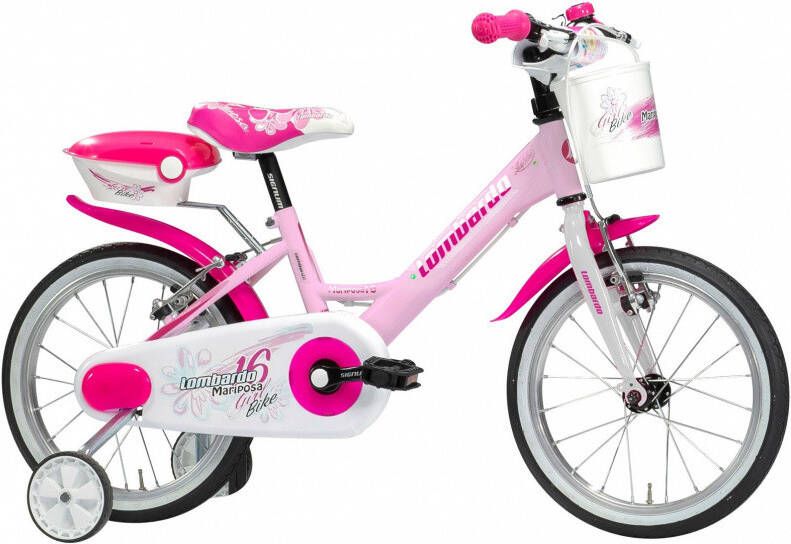 Lombardo Mariposa Kinderfiets 16 Inch Wit Roze Meisjesfiets Met Zijwieltjes Geschikt voor 4 tot 6 Jaar 103-118 cm